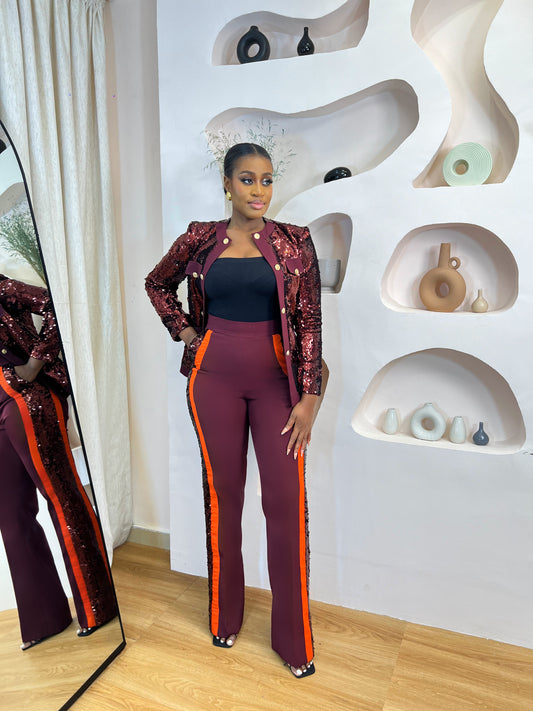 The Couture Sequin Suit Set In Wine